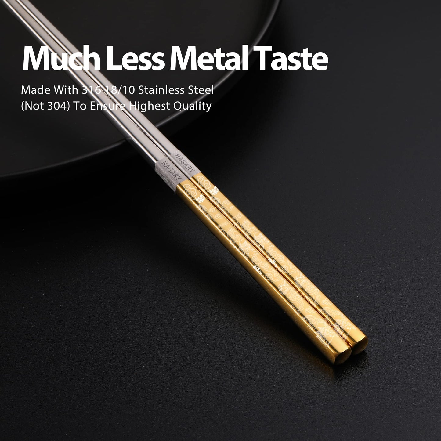 Hagary Dragon Chopsticks Metal Reusable Designed In Korea Japanese Style Stainless Steel 316 18/10 Non-Slip Dishwasher Safe Laser Etched (Gold - 5 Pairs)