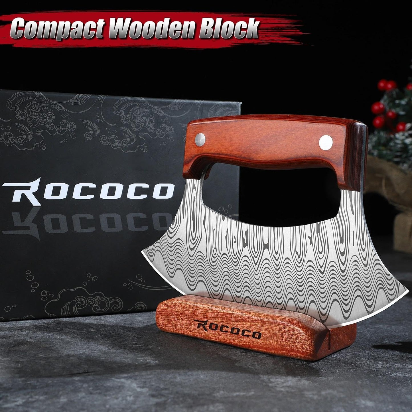 ROCOCO Pizza Cutter Ulu Knife – Full Tang Mezzaluna Rocker Knife with Wood Block for Kitchen Birthday Gifts for Men Women