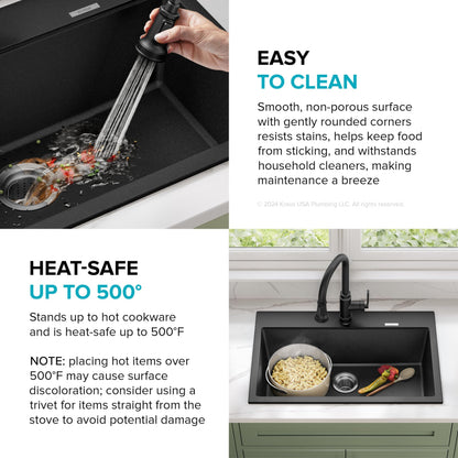KRAUS Quarza 31-inch Drop-In/Undermount Single Bowl Granite Kitchen Sink in Black Onyx, KGD-412B