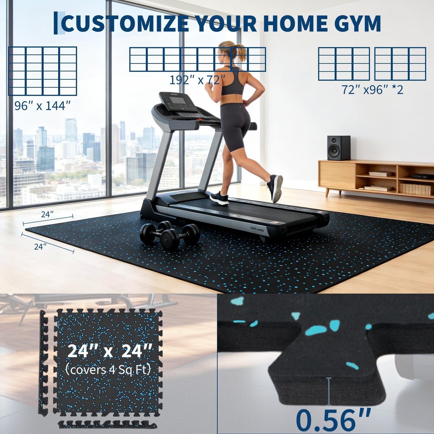 0.56" Thick 96 Sq ft Exercise Equipment Mats,24 Tiles Rubber Interlocking Puzzle Gym Flooring with High Density EVA Foam for Home Gym, Heavy Weight Workout, 24 x 24in Black/Blue
