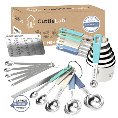 CuttleLab 22-Piece Stainless Steel Measuring Cups and Spoons Set, Tad Dash Pinch Smidgen Drop Mini Measuring Spoons, Measuring Stick Leveler, Measurement Conversion Chart Fridge Magnet, (Farmhouse)