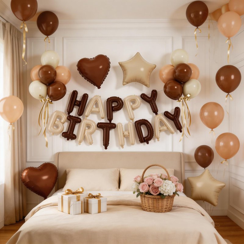 29PC Cream Brown Happy Birthday Balloon Banner, 16Inch 3D Aluminum Letter Banner Sign, Brown Apricot Dusty Ivory White Balloon 18 Inch Star Heart Foil Balloon for Women, Men Party Supply