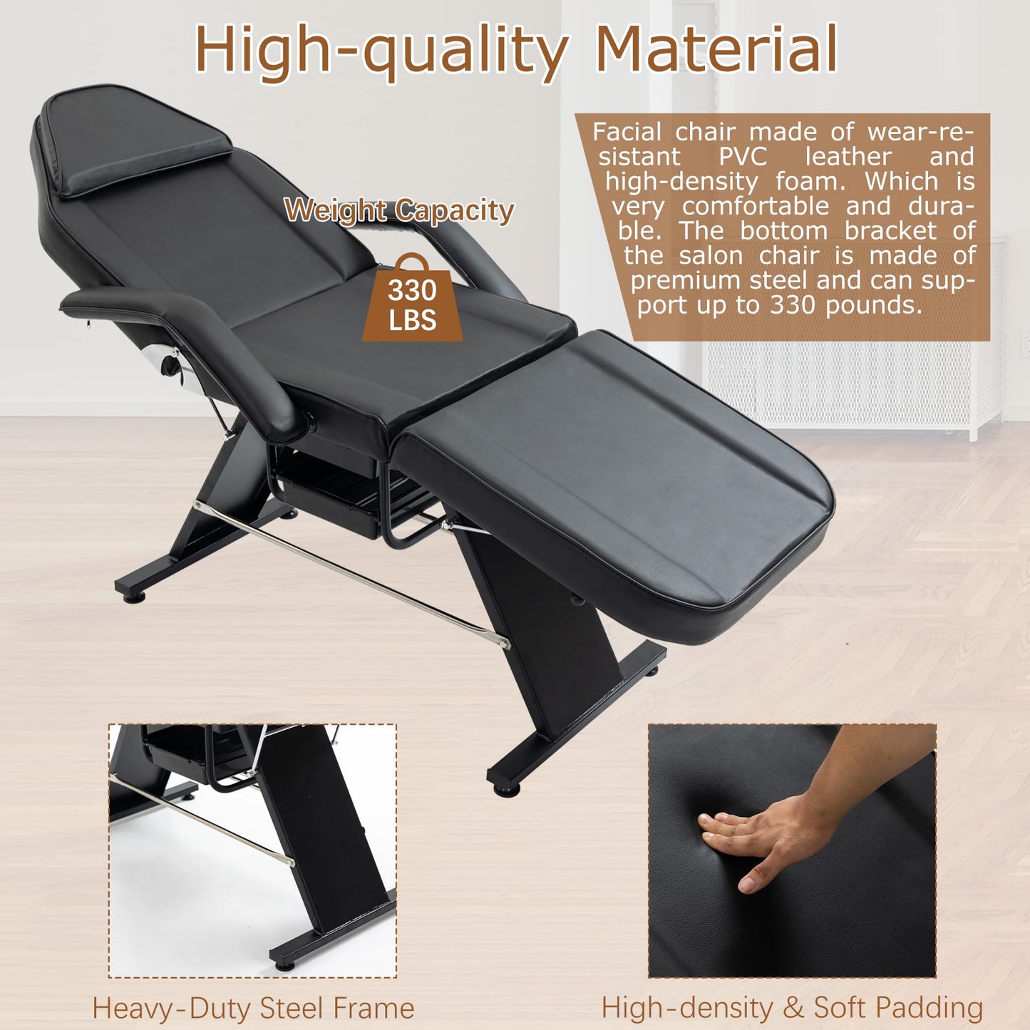 Massage Salon Tattoo Chair with Two Trays Esthetician Bed with Hydraulic Stool,Multi Purpose 3 Section Facial Bed Table, Adjustable Beauty Barber Spa Beauty Equipment, Black
