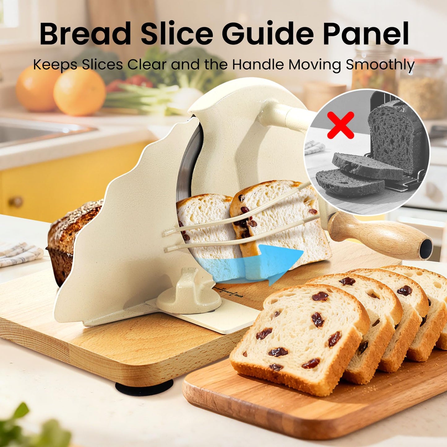 Manual Bread Slicer for Homemade Bread, Bread Cutter for Adjustable and Even Slices, Classic Hand Crank Sourdough Slicer with Scale Line & Powerful Suction Cup, Sharp Stainless Steel Blade (Cream)