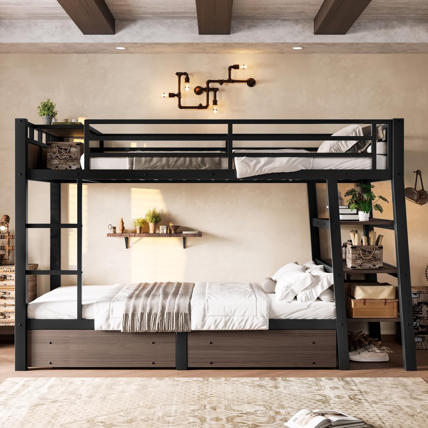 DNYN Modern Metal Bunk Bed Frame with Storage Shelves and USB Ports for Teens/Adults Bedroom, Space-Saving Twin Size Bed with LED Strip and 2 Drawers, No Box Spring Needed & Easy Assemble
