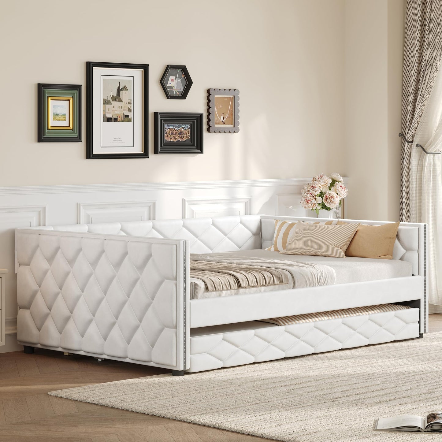 Merax Full XL Upholstered Daybed with Trundle, Modern PU Leather Sofa Bed Frame with Pull-Out Bed, Tufted Daybed Couch for Living Room Guest Room, No Box Spring Needed, White