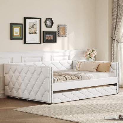 Merax Full XL Upholstered Daybed with Trundle, Modern PU Leather Sofa Bed Frame with Pull-Out Bed, Tufted Daybed Couch for Living Room Guest Room, No Box Spring Needed, White