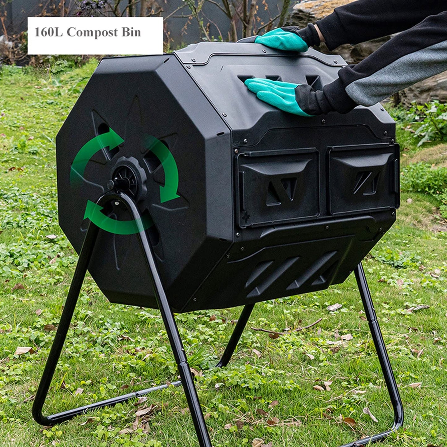 Kitchen Compost Bin, Outdoor Dual Chamber Tumbling Composter, Outdoor Rotating Compost Tumbler Bin for Garden, Kitchen, and Yard Waste, 160L/42Gallon,Indoor Compost Bin with Lid