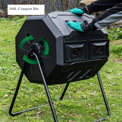 Kitchen Compost Bin, Outdoor Dual Chamber Tumbling Composter, Outdoor Rotating Compost Tumbler Bin for Garden, Kitchen, and Yard Waste, 160L/42Gallon,Indoor Compost Bin with Lid