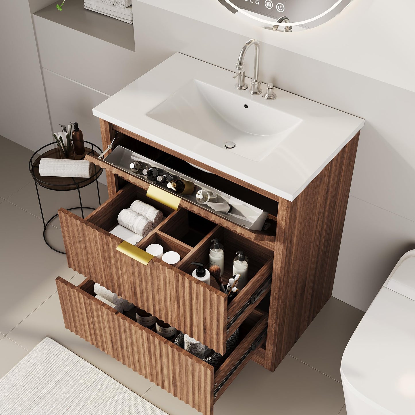 Garvee 30" Fluted Bathroom Vanity with Sink, Farmhouse Freestanding Bathroom Sink Cabinet with 2 Drawers & 1 Flip-Down Drawer, Easy Assembly & Cleaning, Walnut