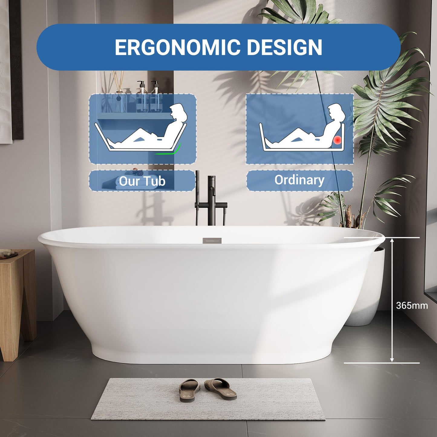 59 inch Acrylic Oval Rim Freestanding Bathtub, Full White, Comfort Soaking Tub for Home Spa & Muscle Recovery, Pop-Up Chrome Drain, Free Standing Bathtub for Bathroom