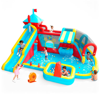 Inflatable Bounce House with Double Slide, Water Slide with Jumping Area, 10 in 1 Large Bounce Castle, Splash Pool, Climbing Wall, Toy Stand, Water Cannon, Basketball, Tunnel, Outdoor, Indoor, Blue