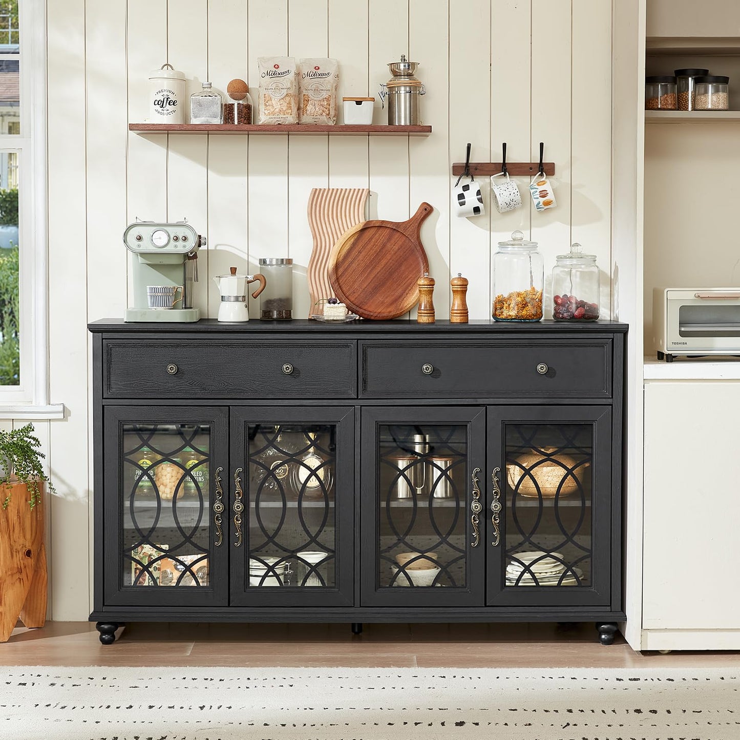 Joaxswe Farmhouse Sideboard Buffet Cabinet with Storage,59" Large Credenza with 4 Glass Doors & 2 Drawers,Adjustable Shelves Console Table,Wood Kitchen Coffee Bar for Dining Room,Living Room,Black