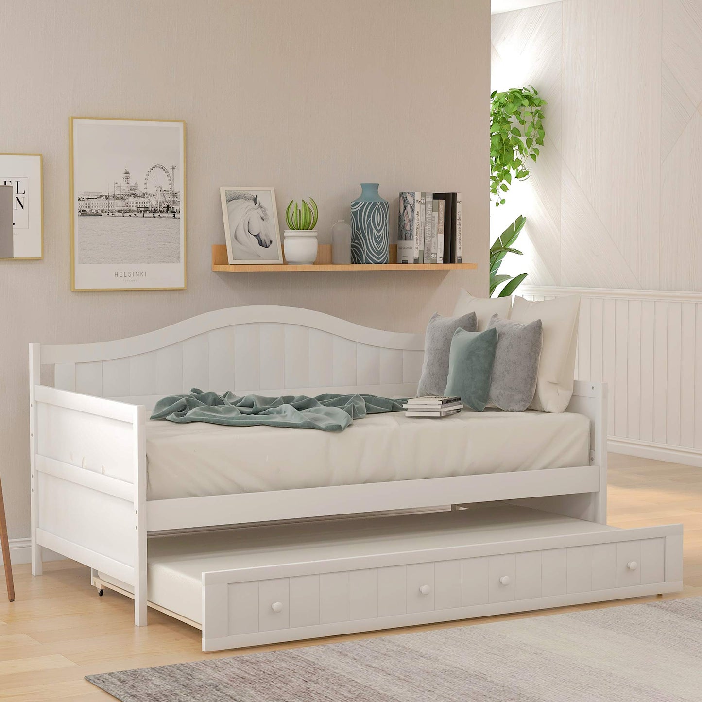 Merax Classic Wood Daybed with Trundle Sofa Bed for Bedroom Living Room,No Box Spring Needed White