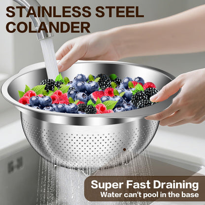 3.5QT Colander with Bowl, Rice Strainer, Stainless Steel Mixing Bowls with Strainer, Pasta Strainer, Colander for Kitchen for Rice Pasta Fruits Vegetables, Rice Cleaner Strainer, Dishwasher Safe