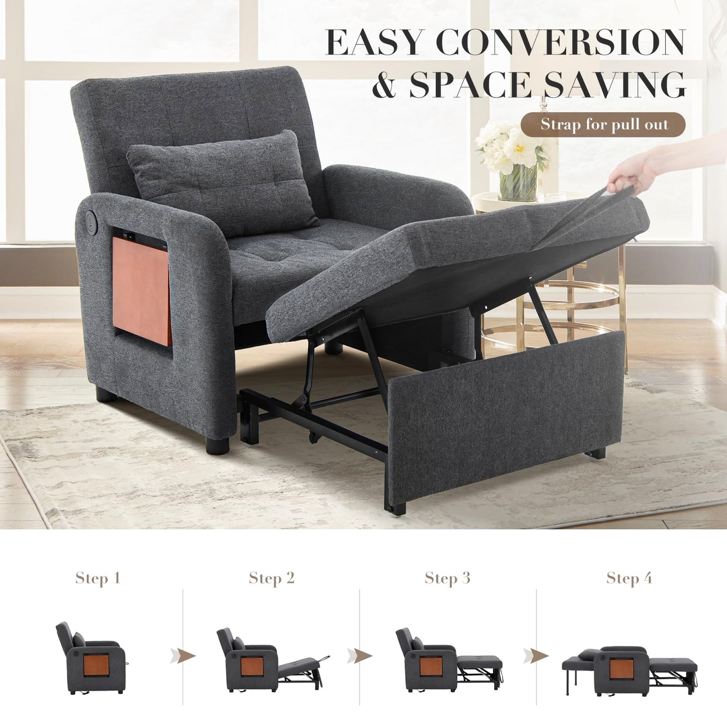 Convertible Sleeper Chair-Fabric Futon Sofa Bed, Single Sleeper Sofa, Small Couch Bed with USB Port, Foldable Table, Pillow, Adjustable Backrest for Dorm/Bedroom/College Darkgrey