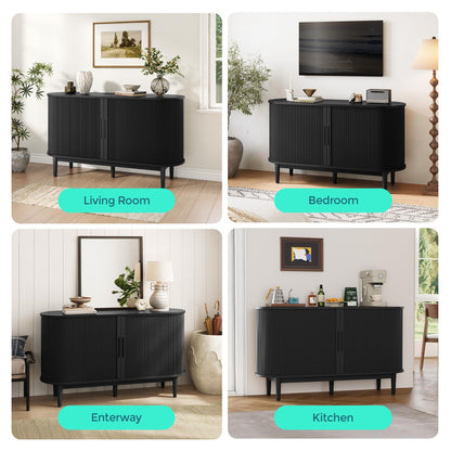 LINSY HOME Sideboard Buffet Cabinet with Storage, 55" Fluted Coffee Bar Cabinet with Tambour Sliding Doors and Drawer, Mid Century Modern Wood Storage Buffet Table for Kitchen (Black)