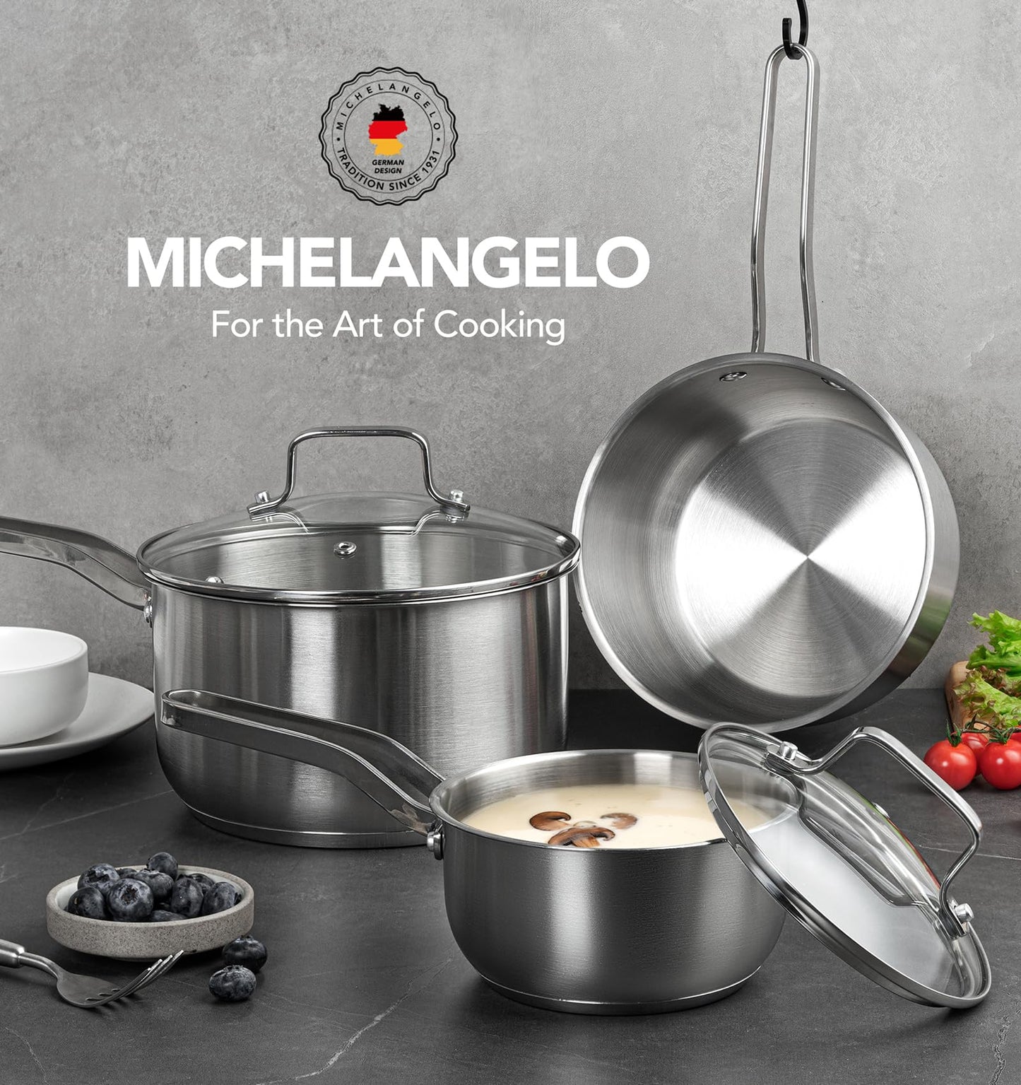 MICHELANGELO Stainless Steel Pots Set - 1QT & 2QT & 3QT Stainless Steel Sauce Pan with Lid, Induction Saucepan Set, Small Pots for Cooking - 6 Pcs