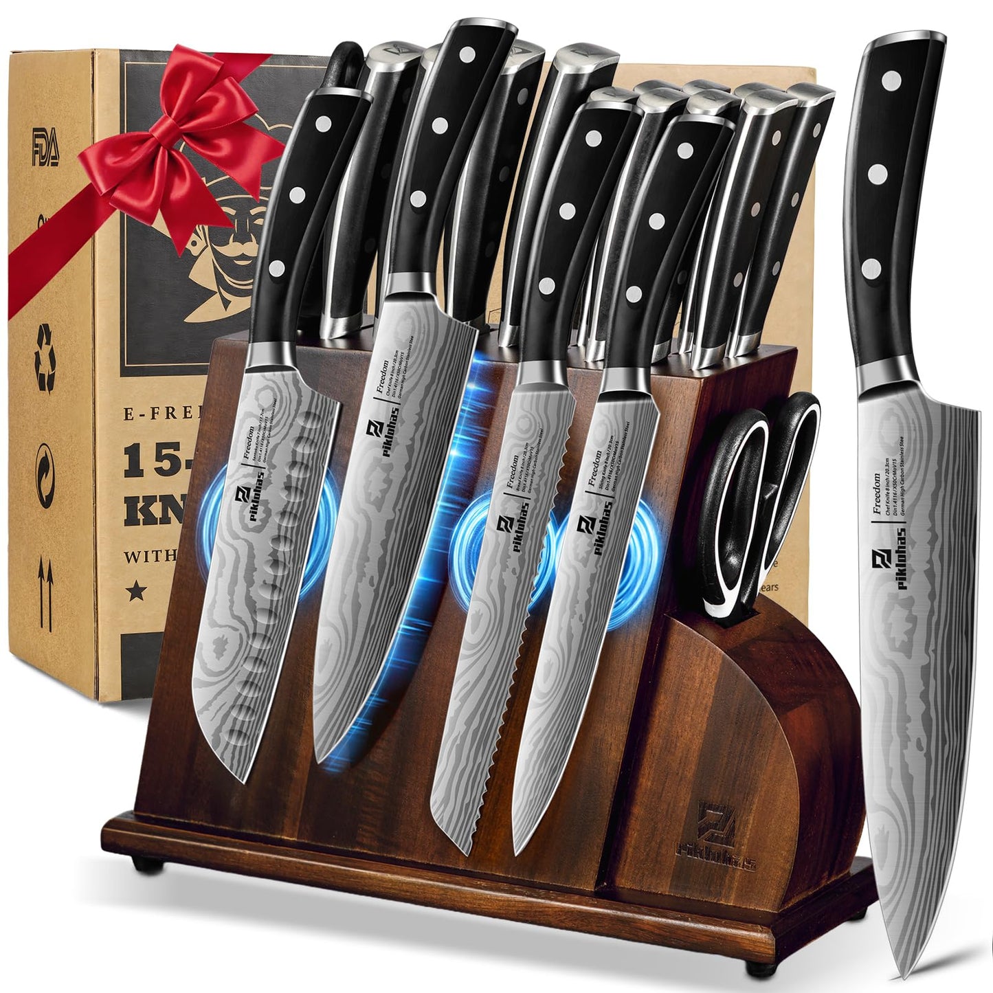15 PC Magnetic Knife Sets for Kitchen with Block, Kitchen Knife Set Made of German High Carbon Stainless Steel Damascus Pattern as Gift for Couple, Wedding, Women or Mom with Gift Box