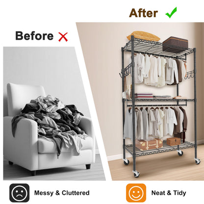 Whitmor 3 Tier Rolling Garment Rack, Heavy Duty Adjustable Metal Clothing Rack with Side Hooks, Double Rods & 360° Lockable Wheels, Max 600LBS for Hanging Clothes, 35.4" L x 16" W x 77" H, Black