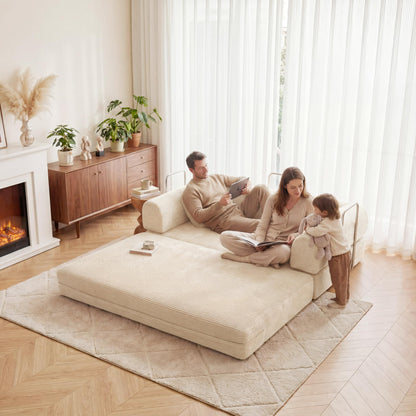 HouseMila 53.15" Boneless Couch,4-in-1 Futon Sofa Bed Modular Loveseat Sleeper Folding Compressed Couch with Pillows,No Assembly Required Convertible Sofa Bed for Living Room Bedroom Guest Room,Beige