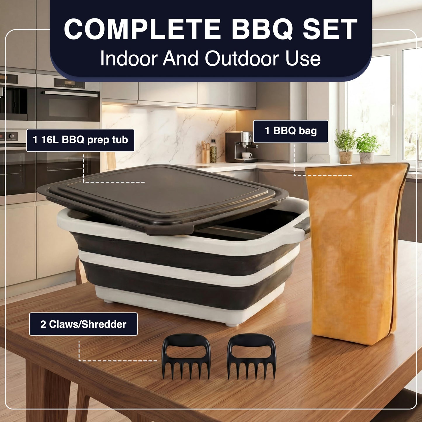 BBQ Prep Tub 16L, Collapsible Cutting Board with Meat Rest Blanket and Chicken Claws, Perfect Meat Prep Tub for Marinating, Shredding, and Grilling, All in One BBQ Accessories for Outing & Picnic