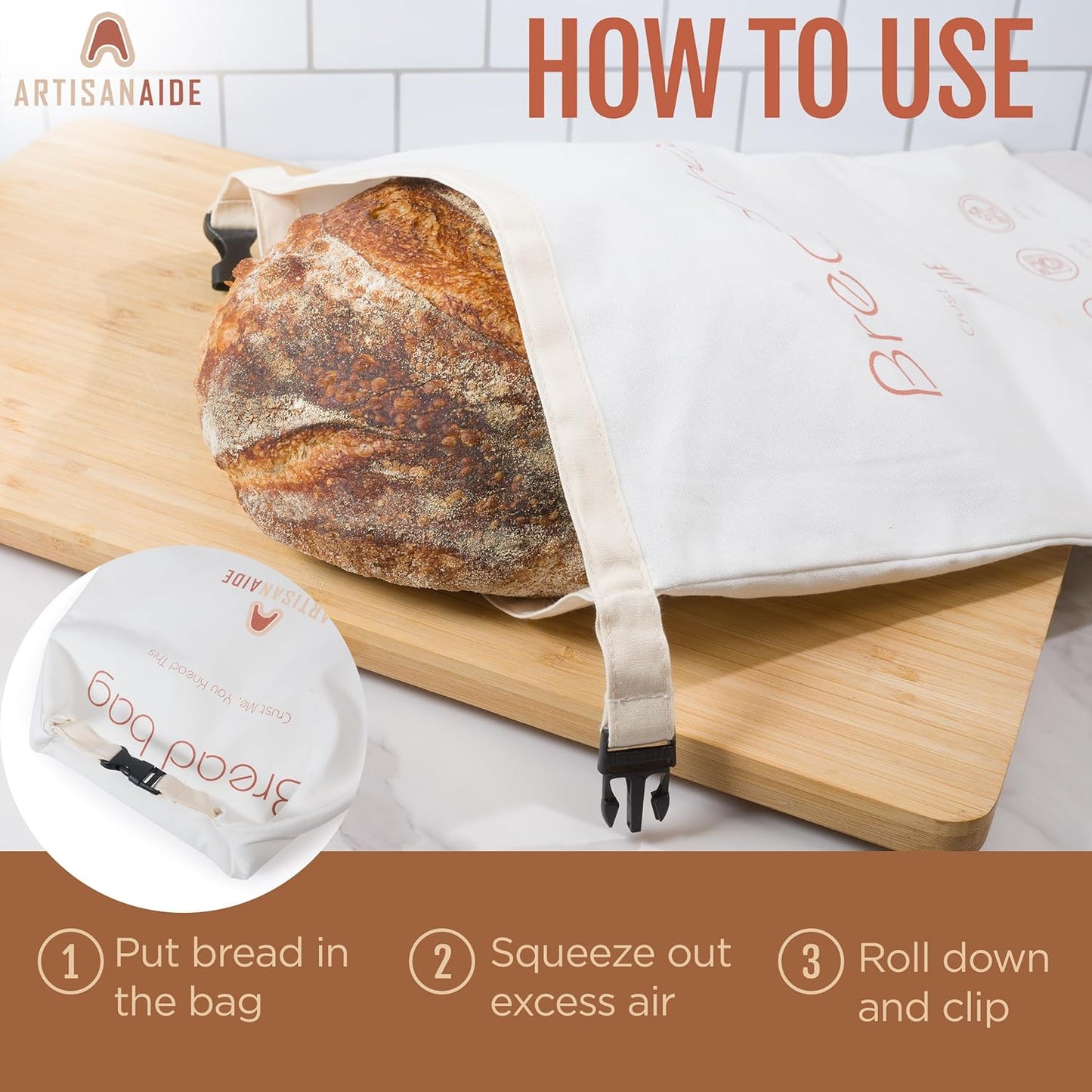 12x17 Reusable Bread Bag for Homemade Sourdough - in Organic Cotton + Food-Safe Lining Roll-Top Buckle Closure, Freezer