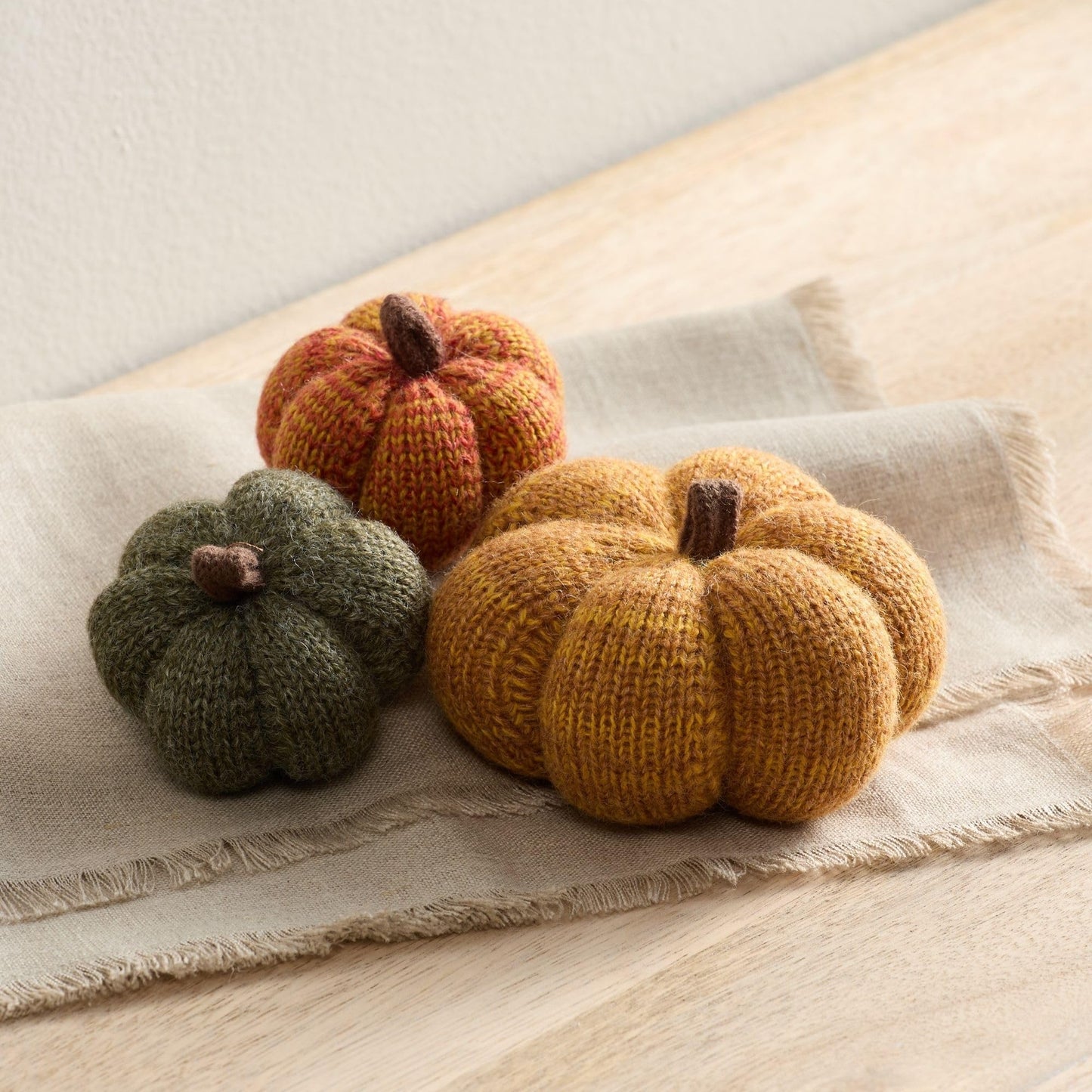 Your Heart's Content Set of 3 Cozy Mini Knit Pumpkins, Warm Green Gold Fall Table top décor, Soft Autumn Home Accents, Thanksgiving Table Setting (Marigold Multi-Size Set)