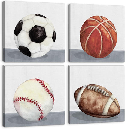 12x12" 4 Boys Room Wall Decor Sports Decor for Boys Bedroom Rustic Soccer Football Baseball Basketball Canvas Pictures