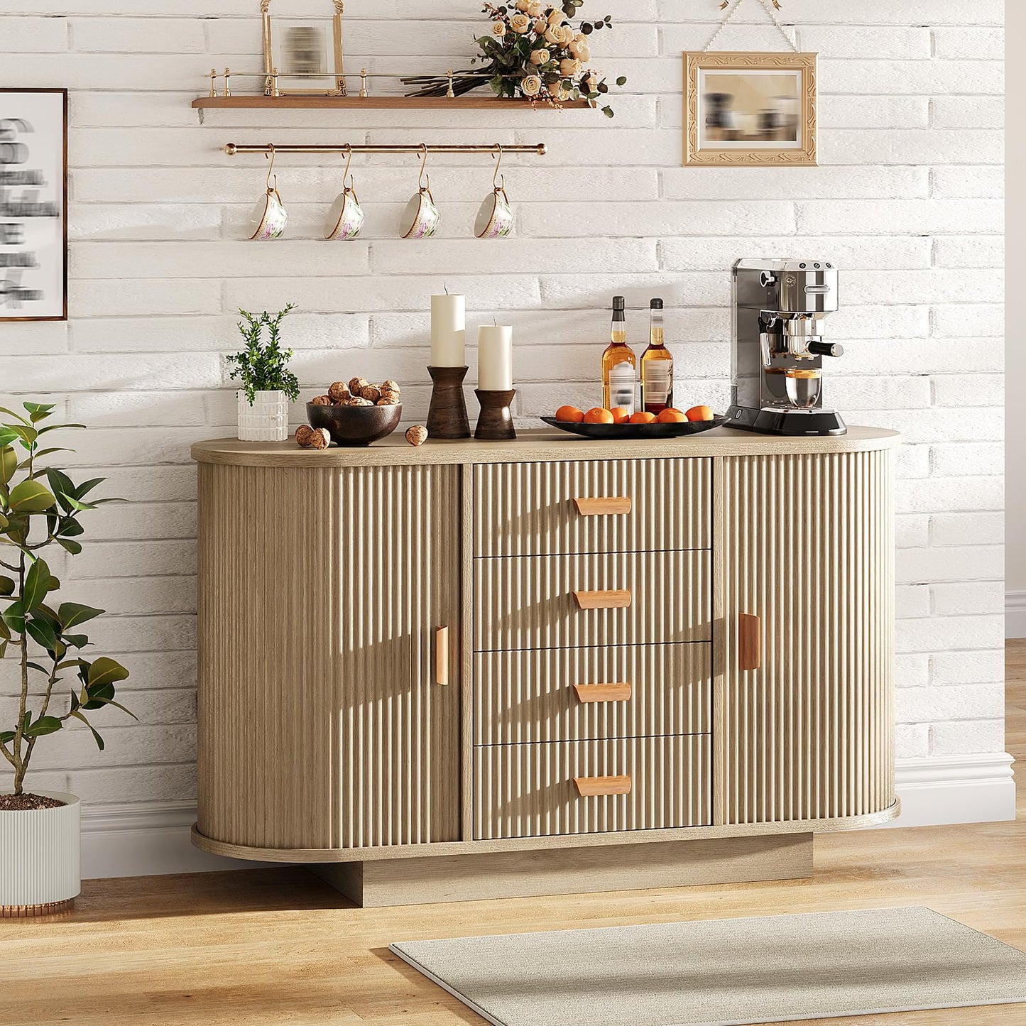 47" Fluted Sideboard Buffet Cabinet, Modern 60" Buffet Table with 4 Drawers and 2 Arched Sliding Doors, Coffee Bar Storage Console Cabinet, Accent Table for Dining Living Room, Hallway- Natural Oak