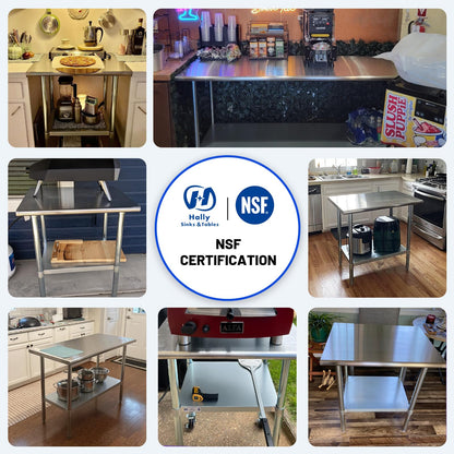 Hally Stainless Steel Table for Prep & Work 30 x 60 Inches, NSF Commercial Heavy Duty Table with Undershelf and Galvanized Legs for Restaurant, Home and Hotel