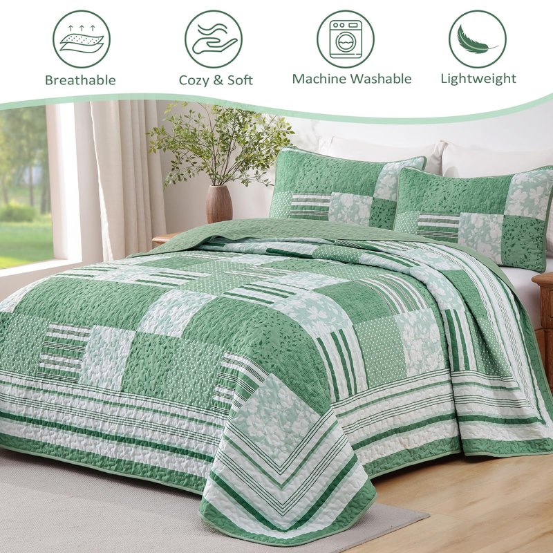 Drucon Green Patchwork Queen Quilt Bedding Set, Spring Summer Plaid Bedspreads, 3 Pieces Lightweight Soft Coverlet with 2 Pillow Shams for All Season 96x90 Inch