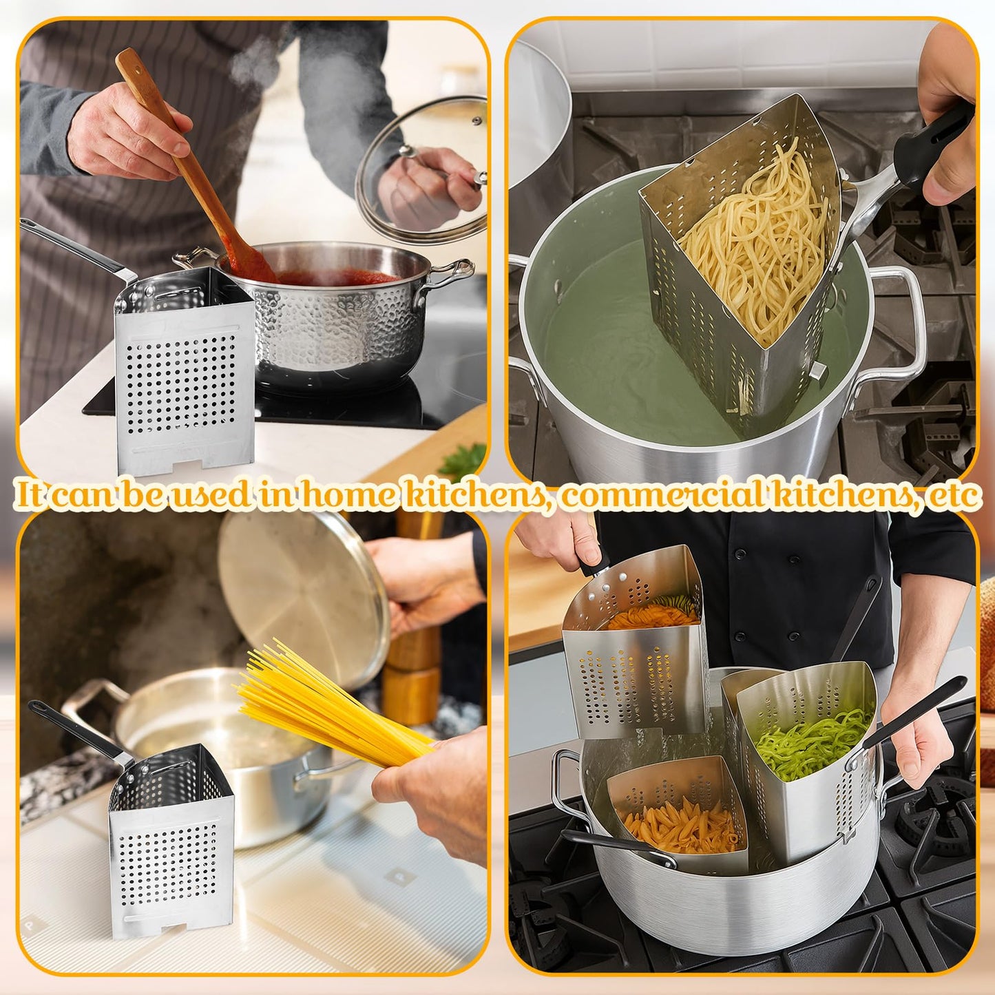 LemonRoad 2 Pack 5 Qt Stainless Steel Pasta Strainer Baskets Inserts Quarter Strainer Basket Skimmer with PVC Handles for 20 Qt. Pasta Cooker Pot for Boiling Noodle Blanching Vegetables Seafood
