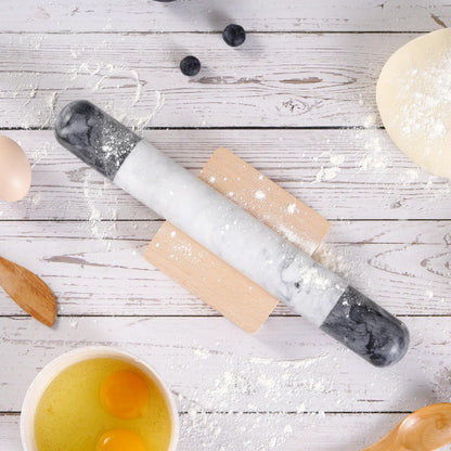 Tianman French Marble Rolling Pin.12 Inchs Marble Rolling Pin for Baking With Wooden Base Holder Stand-Non-Stick Baking Roller for Baking Fondant, Pizza,Cookies,Crust,Pasta(Black-White-Blakc)