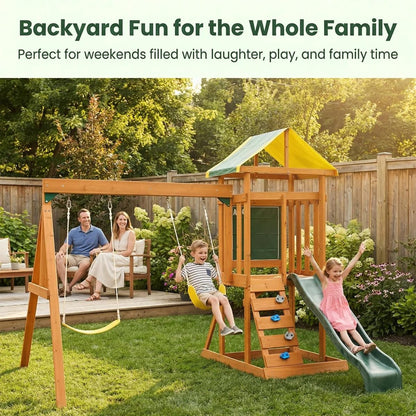 AkiiGer Cedar Wooden Backyard Playset with Swings, Wave Slide, Rock Wall Ladder, Sandbox Chalkboard & Canopy Roof, Outdoor Swing Set