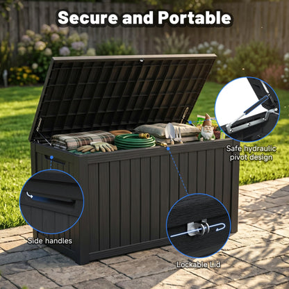 Large Outdoor Storage Deck Box, Resin Patio Container with Lockable Lid, Hydraulic Lift, Wood Texture Panels, Bench Table Function for Cushions Garden Tools Pool Gear Sports Equipment (180 Gallon)