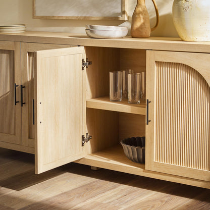 Walker Edison Sasha 4-Door Reeded Sideboard Buffet with Cord Management, 70 Inch, Coastal Oak