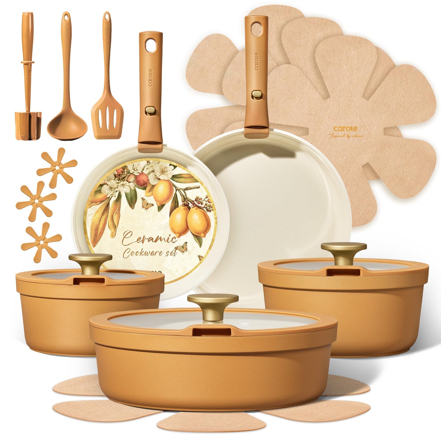 Carote 20pcs Ceramic Cookware Set with Detachable Handles, Pots and Pans Set Non Stick, RV Kitchen Cooking Pot and Pan, Dishwasher Safe, Non-toxic Induction Cookware PFAS and PFOA Free,Orange