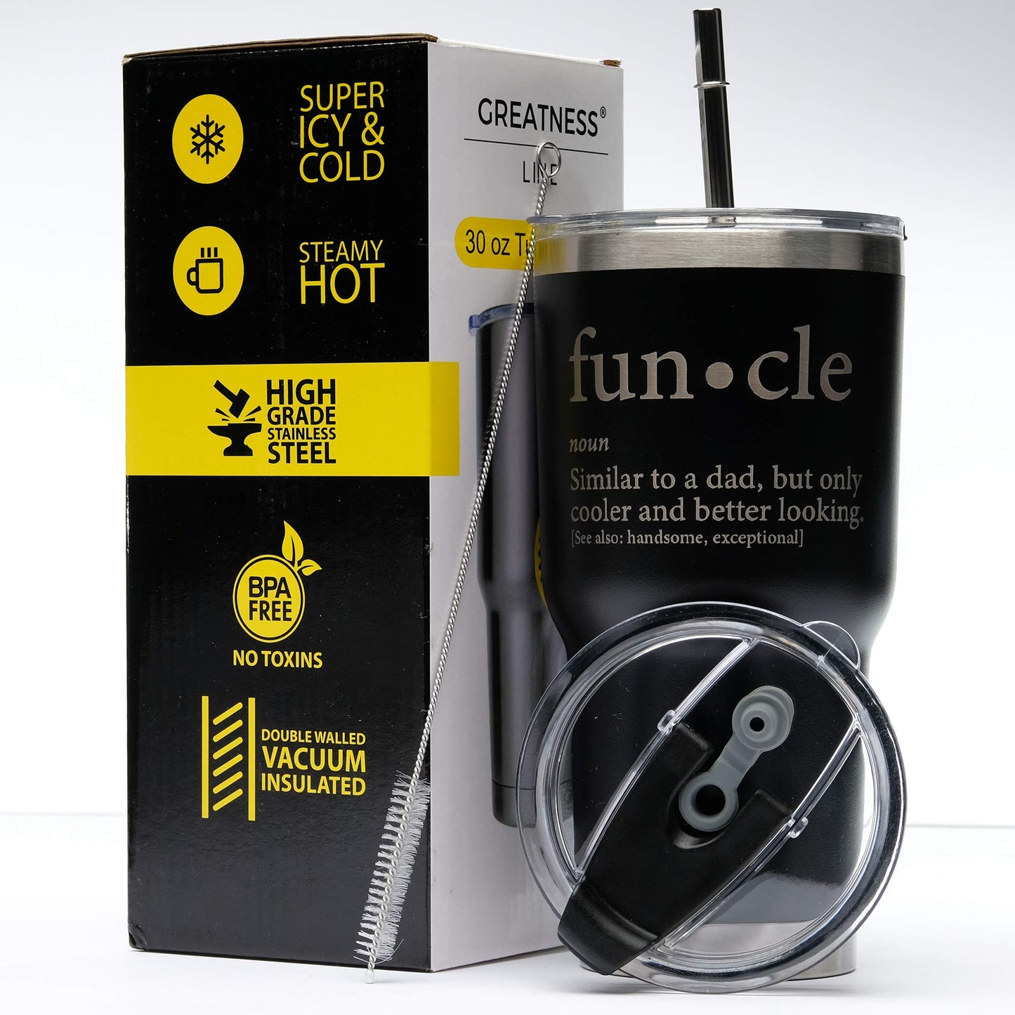 Greatness Line Funcle Uncle Gift Idea Novelty Graphic Humor Sarcastic Cool Very Funny 30 oz SS Tumbler Black Powder Coated Laser Engraved