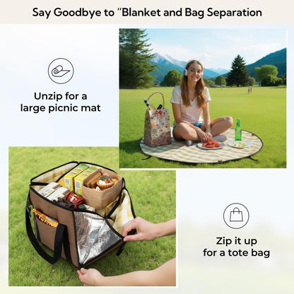 GRANNY SAYS 2-in-1 39¼”D Brown Waterproof Picnic Blankets & Tote Bag, Medium Picnic Mat for Camping, Grass, and Park, Foldable 3-Layer Outdoor Blanket, Sand-Free Beach Blanket with 1 Clip and 4 Stakes