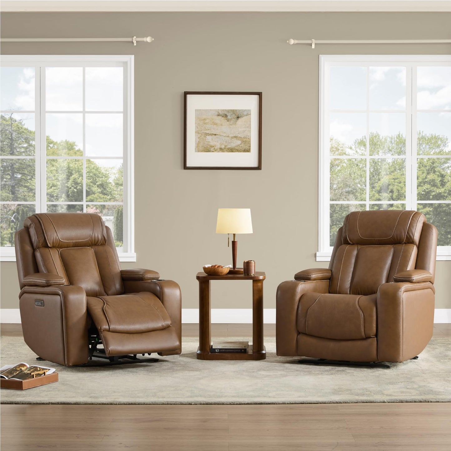 Watson & Whitely Genuine Leather Electric Recliner Chairs, Super Zero Gravity Recliner Triple-Motor W Adjustable Lumbar Headrest Support & Hidden Storage, Saddle Brown