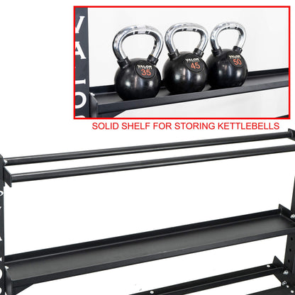 Valor Fitness Heavy Duty 4-Tier Gym Equipment Storage Rack – Organize Kettlebells, Dumbbells, Medicine Balls, Bumper Plates & 4 Barbells, 1200 lb Capacity for Home Gym Sports Equipment Organizer