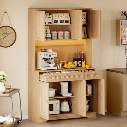 BORNOON Pantry Cabinet with Charging Station and Light, Tall Kitchen Pantry Storage Cabinet with Microwave Stand, Wide Fluted Kitchen Hutch with Storage Drawers and Adjustable Shelves for Dining Room
