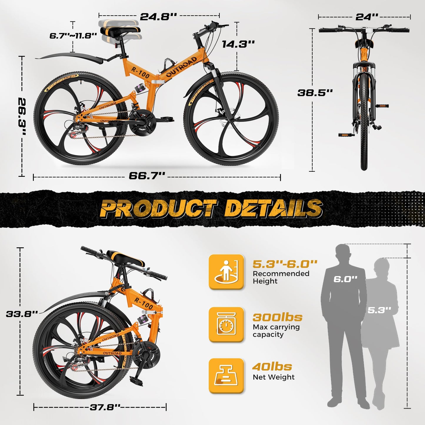 MarKnig 26 Inch Adult Folding Bikes/Mountain Bikes, 21 Speeds Mountain Bicycles with Full Suspension, Dual Disc Brake, High Carbon Steel Frame, Foldable Bike for Men/Women/Teen, HM-Orange