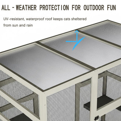70" Large Outdoor Catio Cat Enclosure, Wood Cat Patio with Waterproof UV-Resistant Roof, Cats Shelter with 5 Platforms and 2 Resting Box, and Secure Rust-Proof Wire for Backyard or Patio