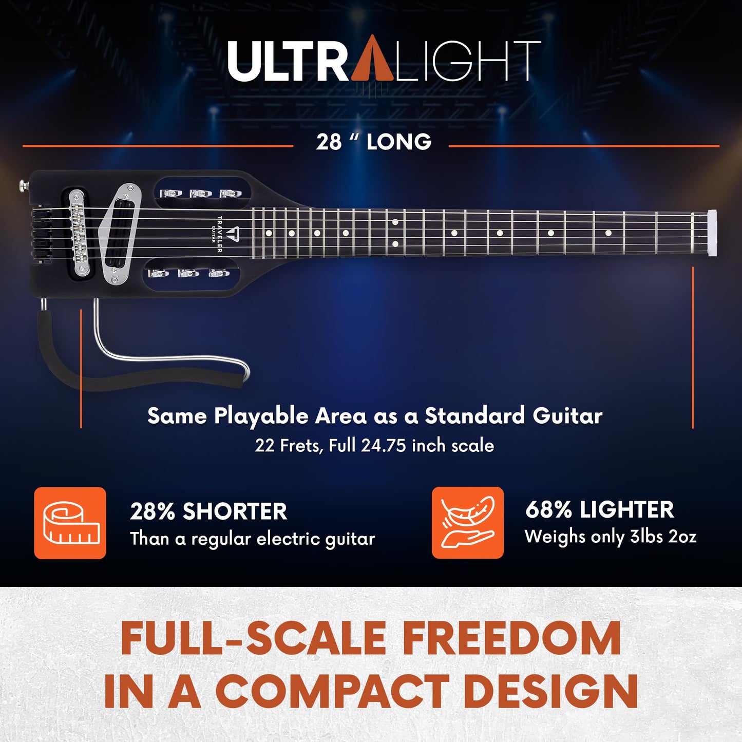 Traveler Guitar Ultra-Light Electric Guitar Matte Black | Portable Electric with Removable Lap Rest | Full 24 3/4" Scale Headless Guitar | Custom Gig Bag Included