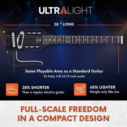Traveler Guitar Ultra-Light Electric Guitar Matte Black | Portable Electric with Removable Lap Rest | Full 24 3/4" Scale Headless Guitar | Custom Gig Bag Included