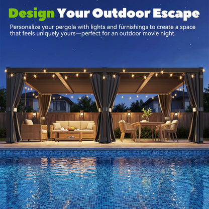 MELLCOM Louvered Pergola 12x20, Steel Aluminum Pergola with Adjustable Louvered Roofs, Outdoor Gazebo with Waterproof Curtains and Nets, Black