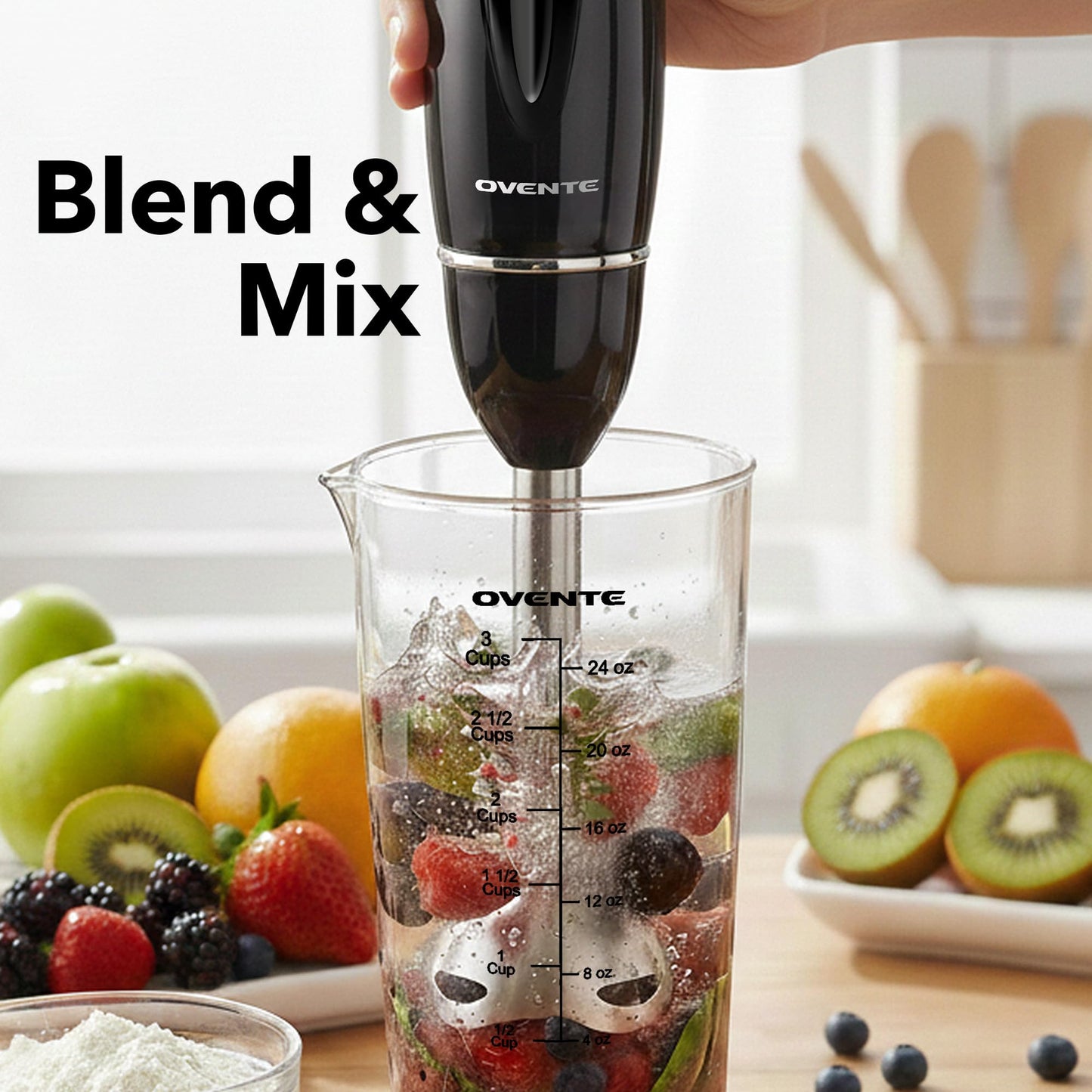 OVENTE Immersion Hand Blender Set, 300W Electric Handheld Stick Mixer, 2 Mixing Speeds with Stainless Steel Blades, Egg Whisk, Beaker & BPA-Free Food Chopper, Black HS565B