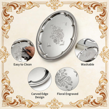 SINMANVI 4 Pack Large Silver Serving Trays Set 15.7" x 11.8", Floral Pattern Engraved Mirror Tray, Tableware Platters for Whiskey, Cookies,Snacks, Desserts, Party Food Display (Large)